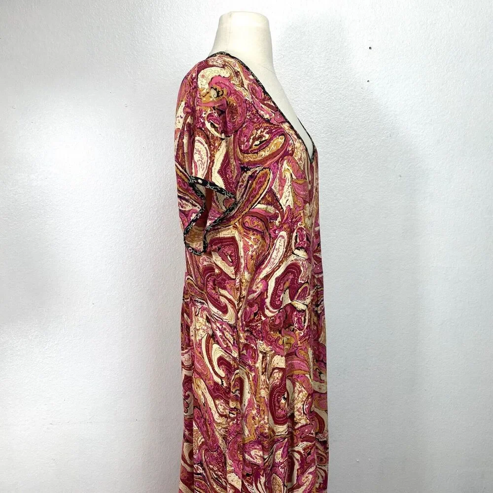 Vintage Zoe Womans Maxi Dress Large  Rayon Crepe Pink Paisley Boho Peasant Y2K